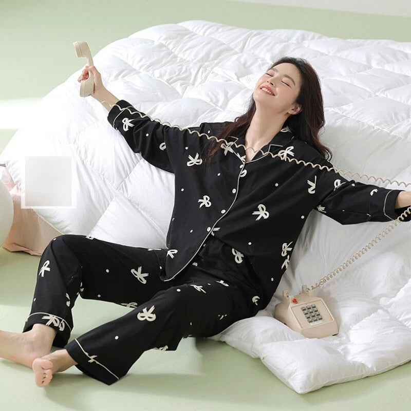 Women's Pajamas Set Long Sleeve Cardigan Bow Print Comfortable Antibacterial Homewear-