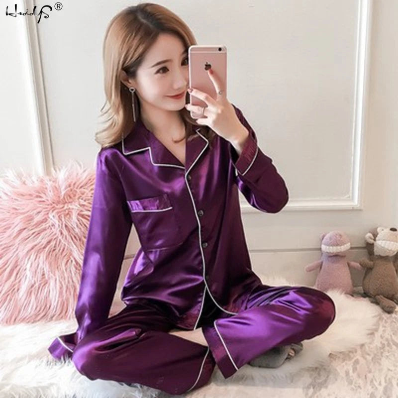 Womens/Ladies Long Sleeve Silk Satin Pyjamas Pyjama PJs Soft Silk PJS Nightwear