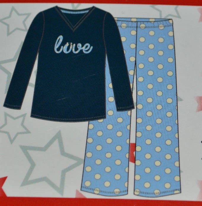 Women's Love Blue Polka Dot 2 Piece Plush Pajama Sleep Set Sizes M, L, XL, 2XL