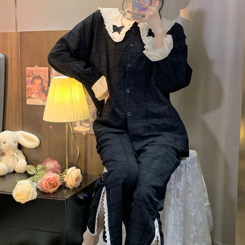 Korean women sweet pajamas long-sleeved trousers home service two-piece suit