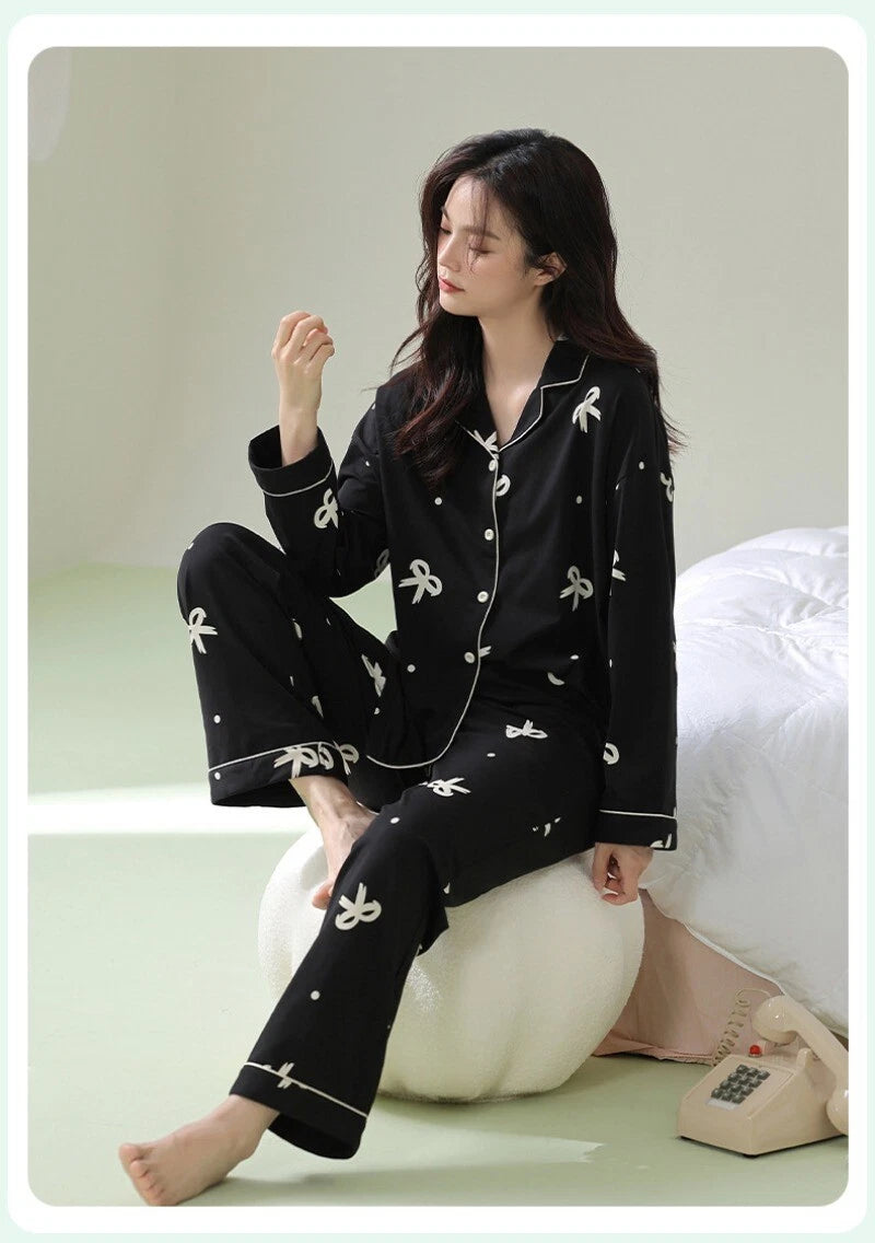 Women's Pajamas Set Long Sleeve Cardigan Bow Print Comfortable Antibacterial Homewear-
