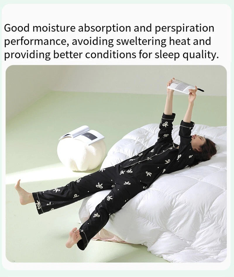 Women's Pajamas Set Long Sleeve Cardigan Bow Print Comfortable Antibacterial Homewear-