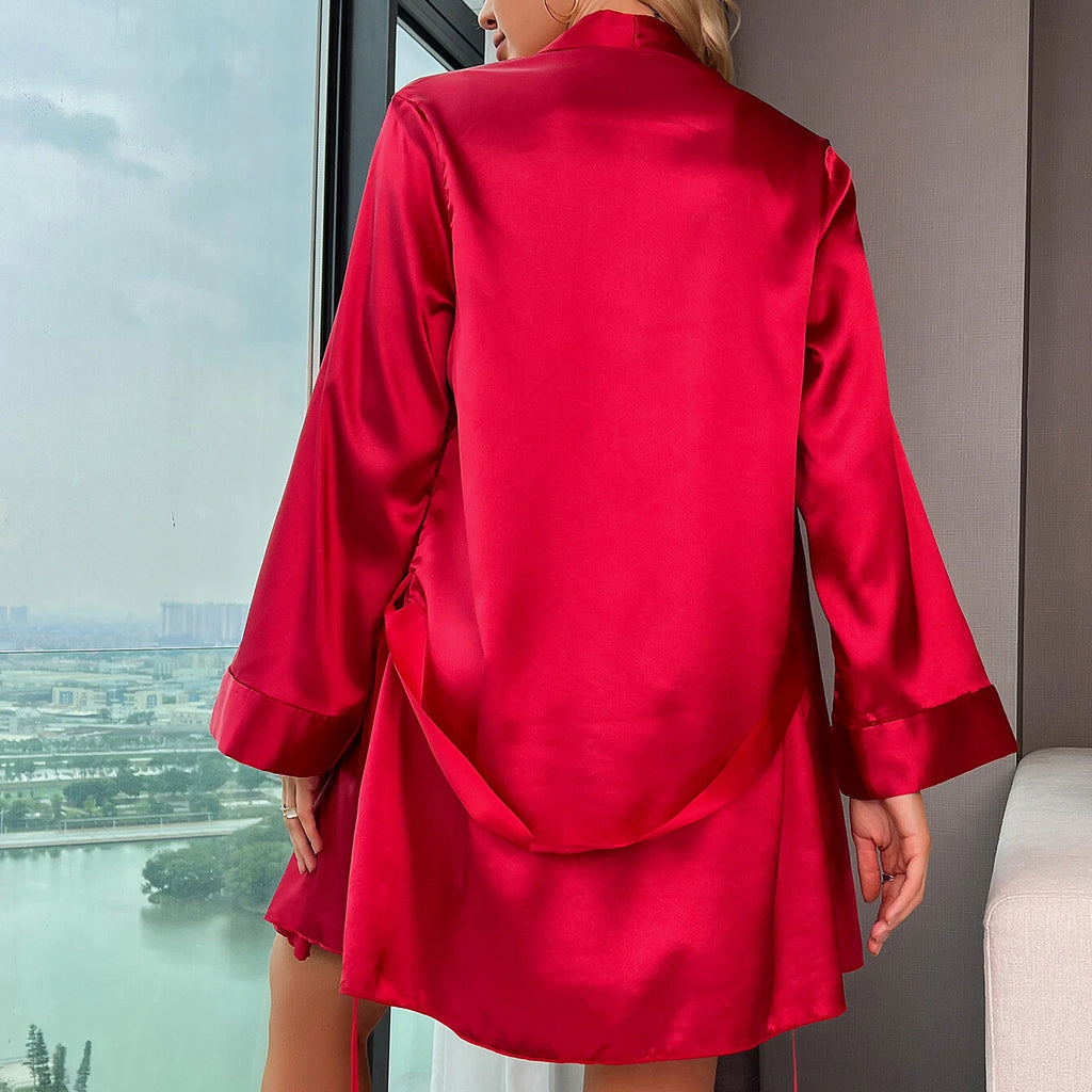 Womens Satin Kimono Robe w/ Dress Lingerie Set Nightgown Sleepwear Silk Bathrobe