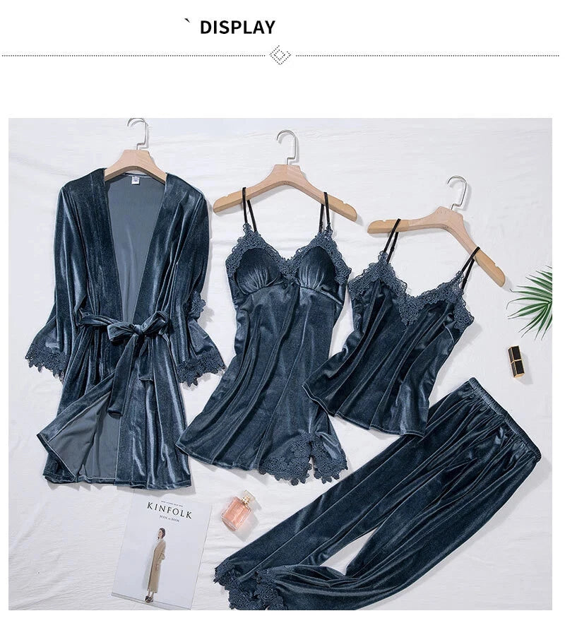 Velour Home Clothing 4pcs Sleep Set Intimate Lingerie Women Pajamas Long Sleeve