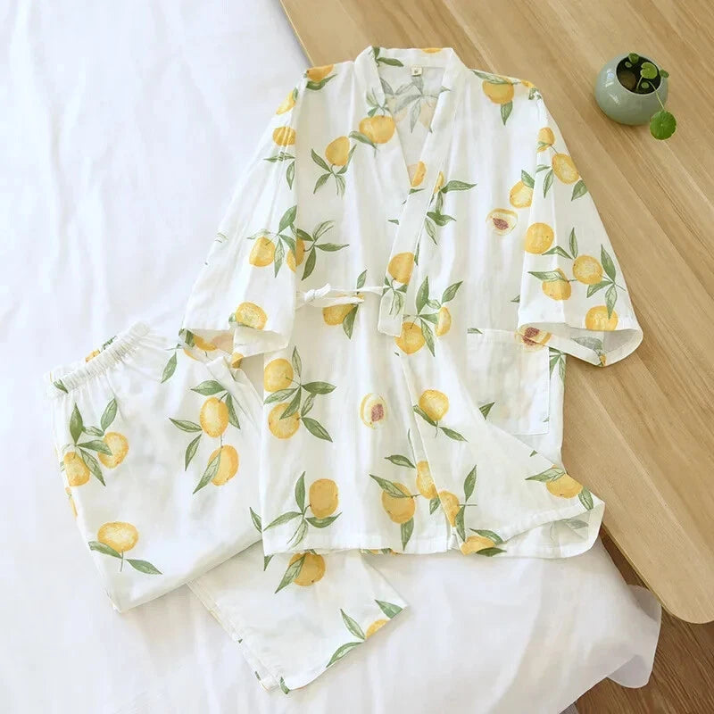 Pajamas Set Female Spring and Autumn 100% Cotton Gauze Home Clothes Sweet Two-p