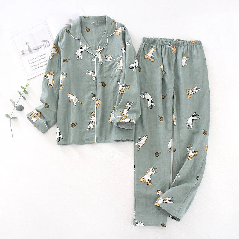 Women Pajamas Set 100% Cotton Printed Sleepwear Casual Nightwear Gauze Home Wear