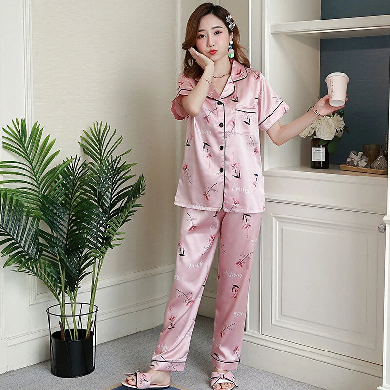 Women's Satin Pyjamas Set Short Sleeve Button-Down Sleepwear Silk PJS Loungewear