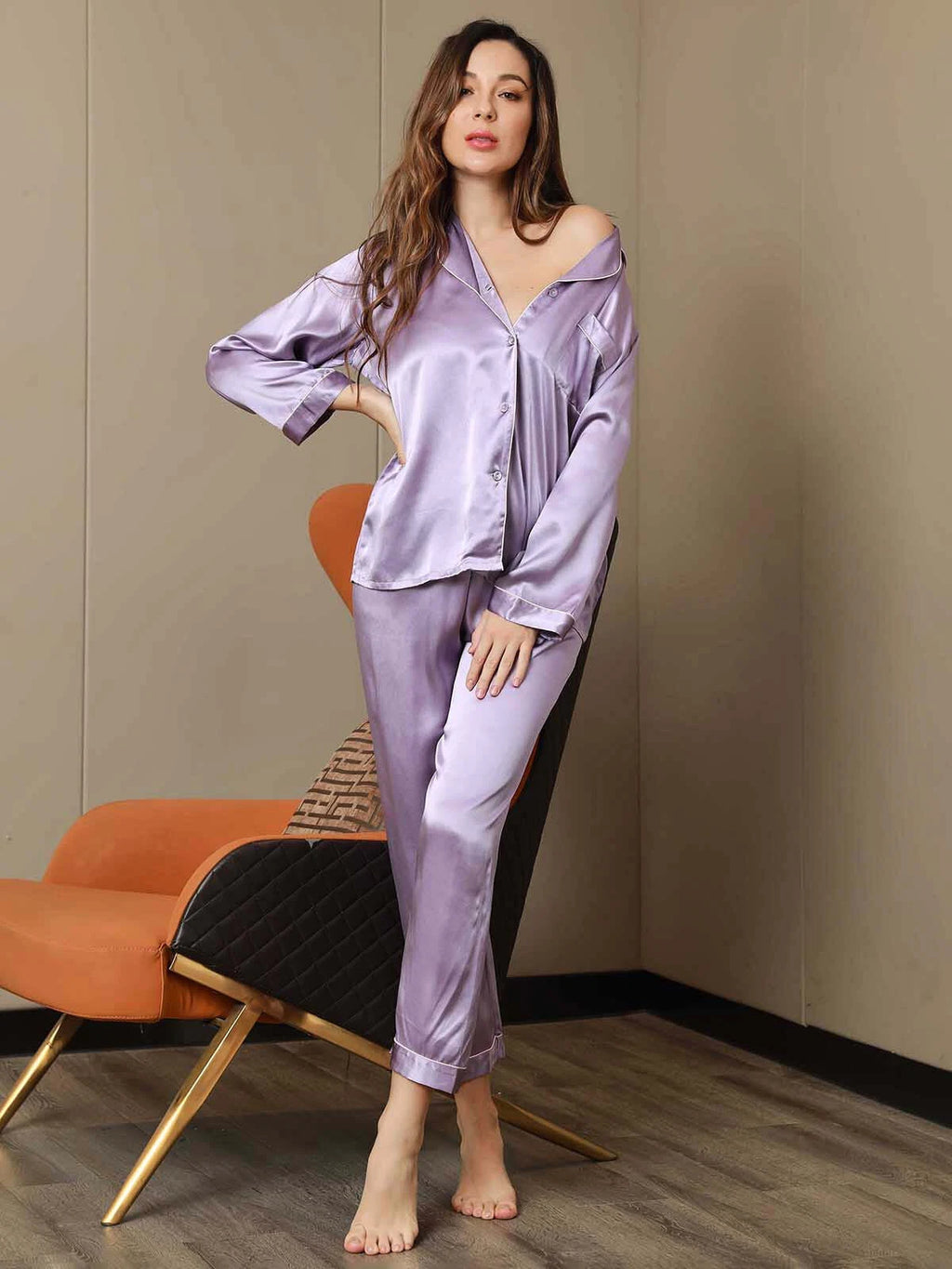 Women's 19mm Pure Mulberry Silk Pajamas Set Silk Sleepwear Nightwear Home Wear