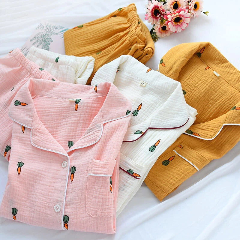 Chinese Japanese Autumn Women 100% Gauze Cotton Pajamas Set Sleepwear Nightwear
