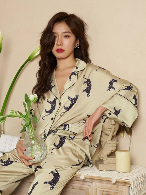 Cardigan Women's Pajamas Set Luxury Leopard Print SleepwearSilk Like Nightwear