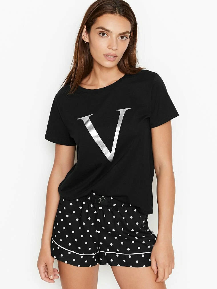 VICTORIA'S SECRET S,M, 2XLCotton Short Logo Tee-Pajama Black Dots or Leopard NWT