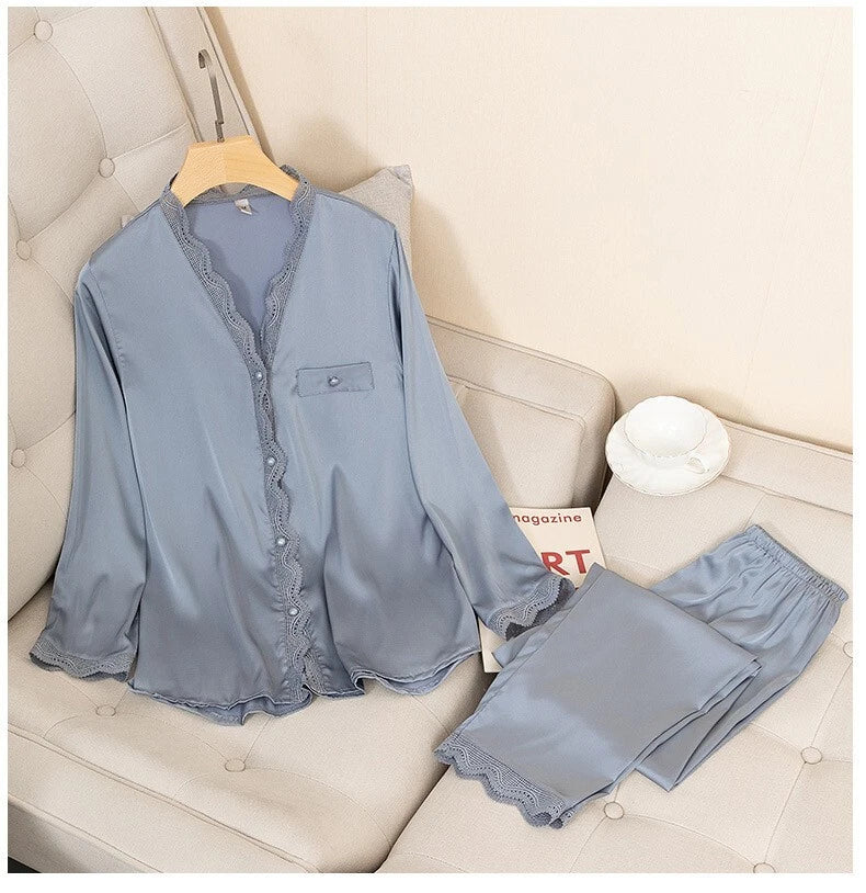 Pajamas Set Satin Women 2 Piece Sleepwear Silky Pyjamas Nightwear Shirt&Pants