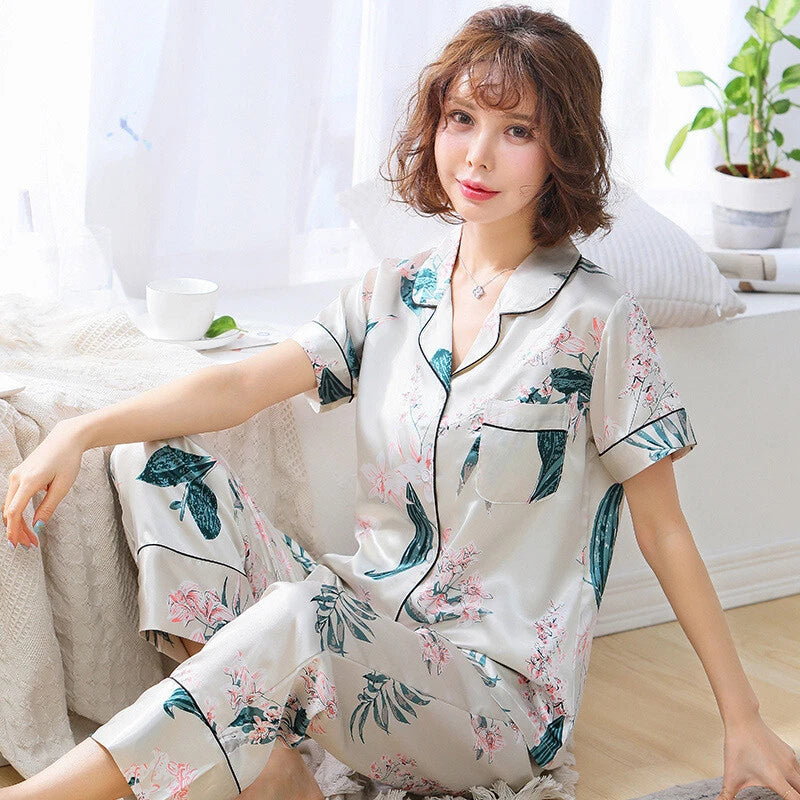 Women's Satin Pyjamas Set Short Sleeve Button-Down Sleepwear Silk PJS Loungewear