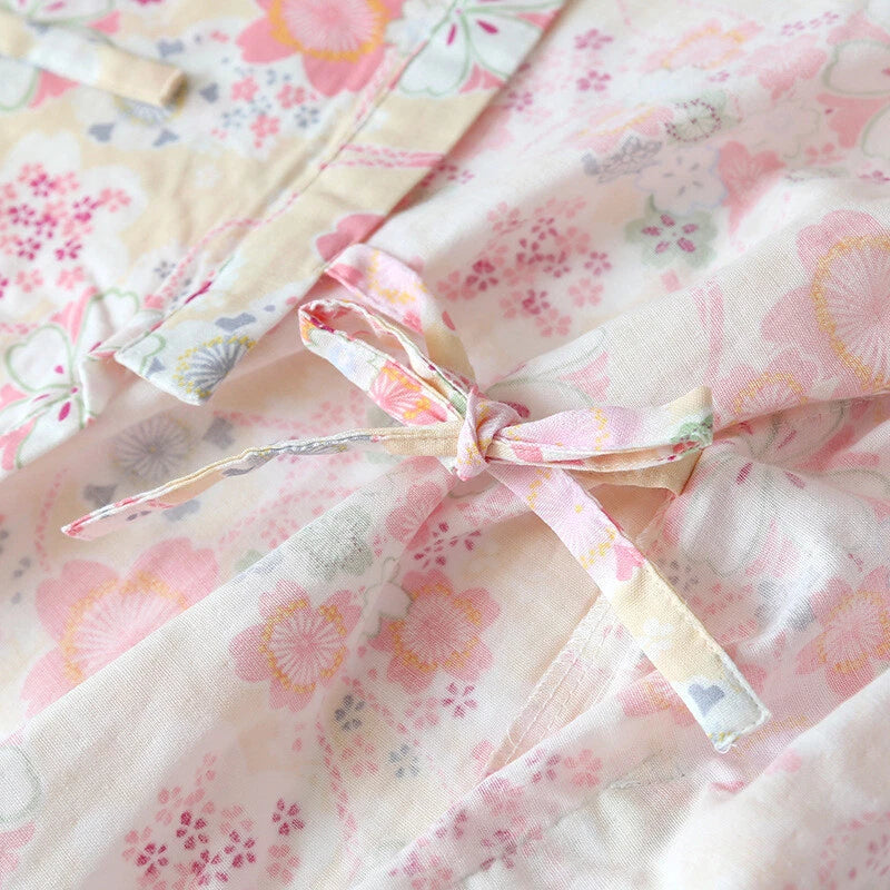 Japanese Women 100% Gauze Cotton Pajamas Set Kimono Short Sleeve Print Sleepwear