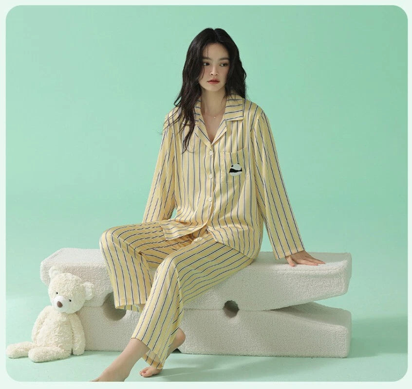 Women's Long Sleeve Pajamas Fashion Striped Homewear Comfortable Antibacterial Clothing-