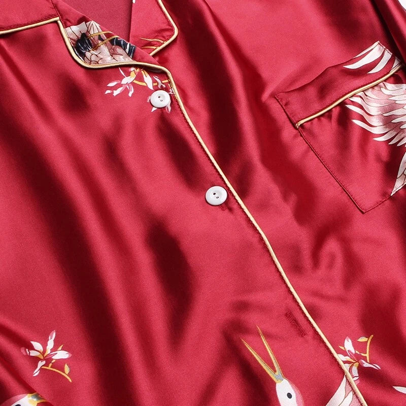 Women's Long Sleeve Silk Pajama Set Button-Down Sleepwear Print Loungewear Plus