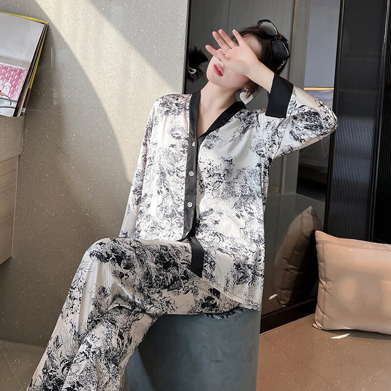 Women's Pajamas Set Luxury Print Silk Sleepwear V Neck Design Homewear Nightwear