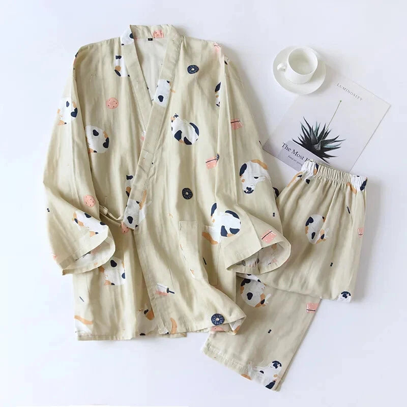 Pajamas Set Female Spring and Autumn 100% Cotton Gauze Home Clothes Sweet Two-p