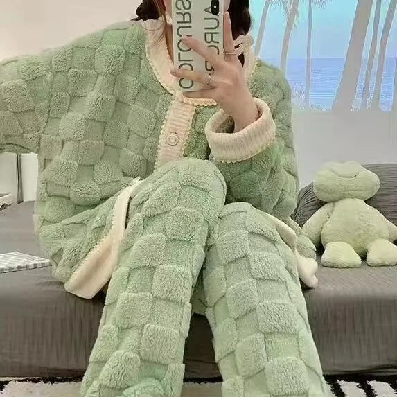 Women Coral Fleece Pajamas Set Lounge Home Suit Warm Sleepwear Homewear Set