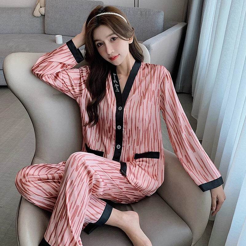 Women's Long Sleeve Silk Pajama Set Button-Down Sleepwear Print Loungewear Plus