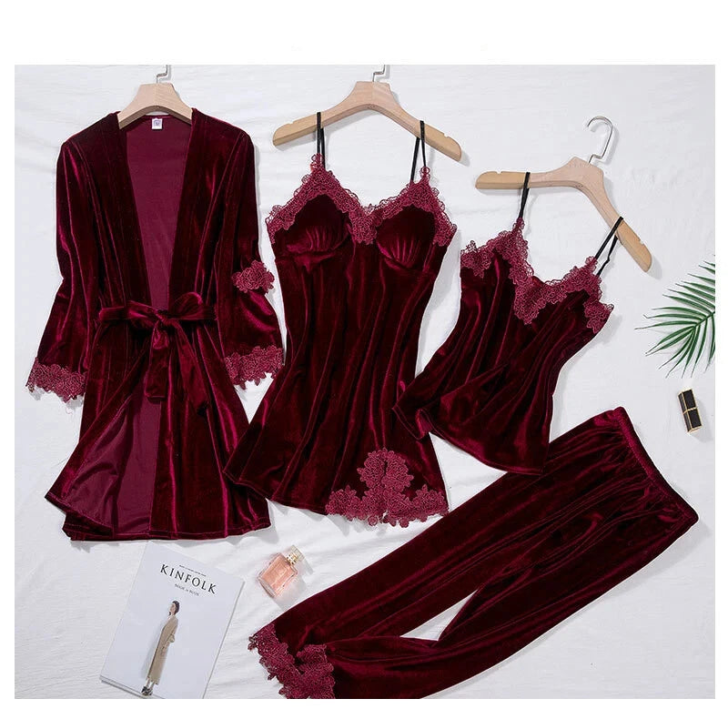 Velour Home Clothing 4pcs Sleep Set Intimate Lingerie Women Pajamas Long Sleeve