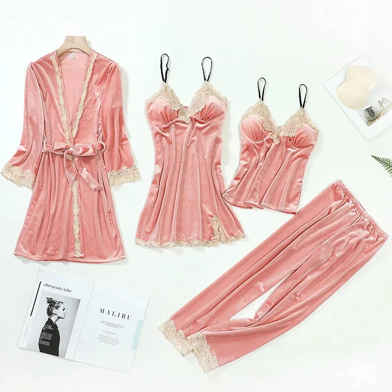 Velour Home Clothing 4pcs Sleep Set Intimate Lingerie Women Pajamas Long Sleeve