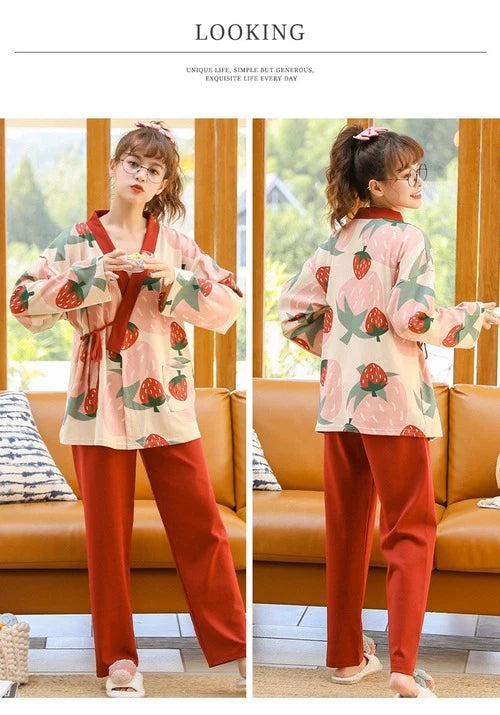 WomenPyjamas Set Strawberry Sleepwear Cotton Yarn Kimono PajamasV-Neck Plus Size