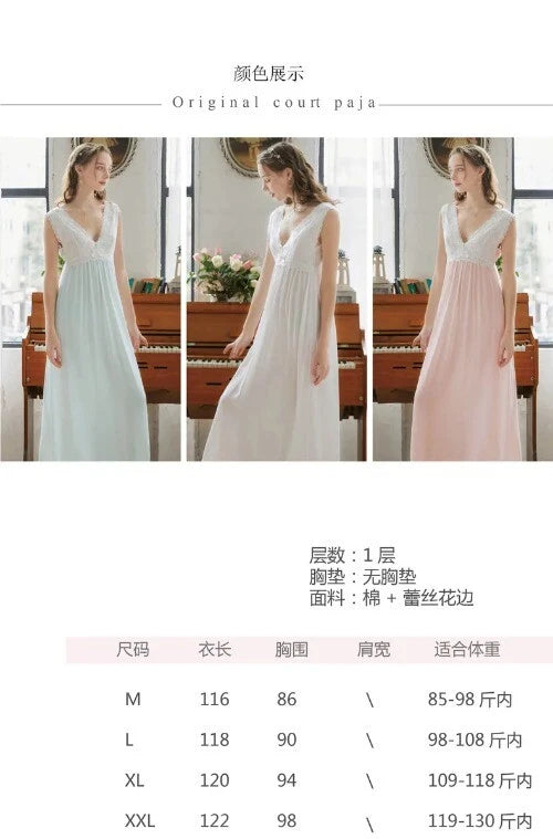 Cotton Summer Sleeveless V-Neck Backless Lace Fairy Princess Nightdress Fairy