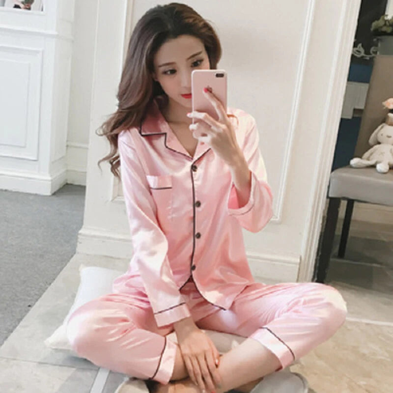 Women's Silk Satin Pajamas Set Long Sleeve Button-Down Sleepwear Loungewear