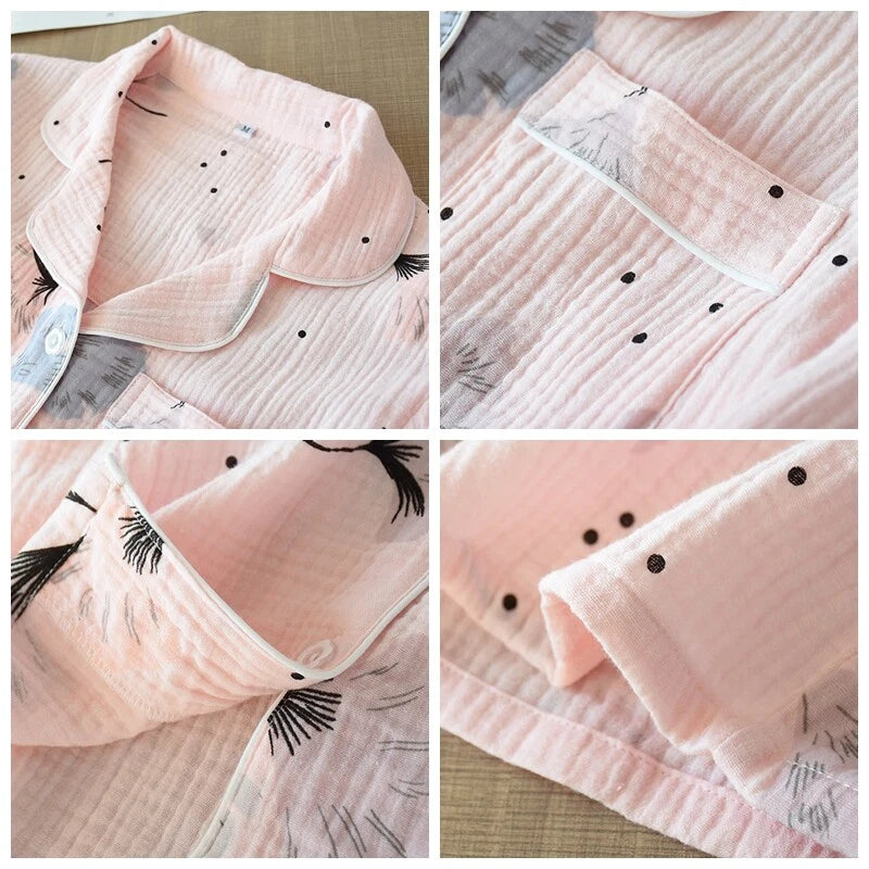 Japanese Women 100% Gauze Cotton Pajamas Set Long Sleeve Sleepwear Nightwear New