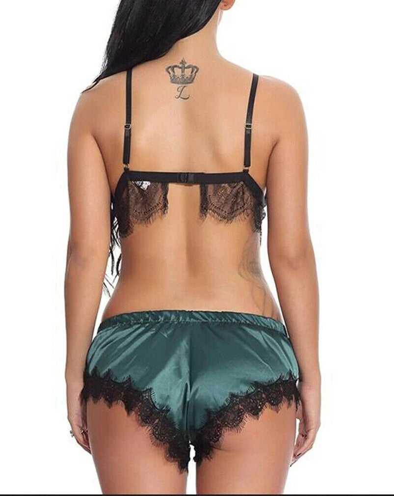 Plus Size Womens Satin Nightwear Lace Trim Bra Top Sissy Shorts of Lingerie Set