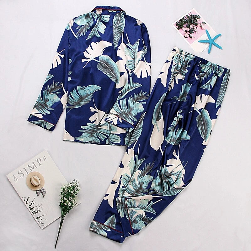Women's Long Sleeve Silk Pajama Set Button-Down Sleepwear Print Loungewear Plus