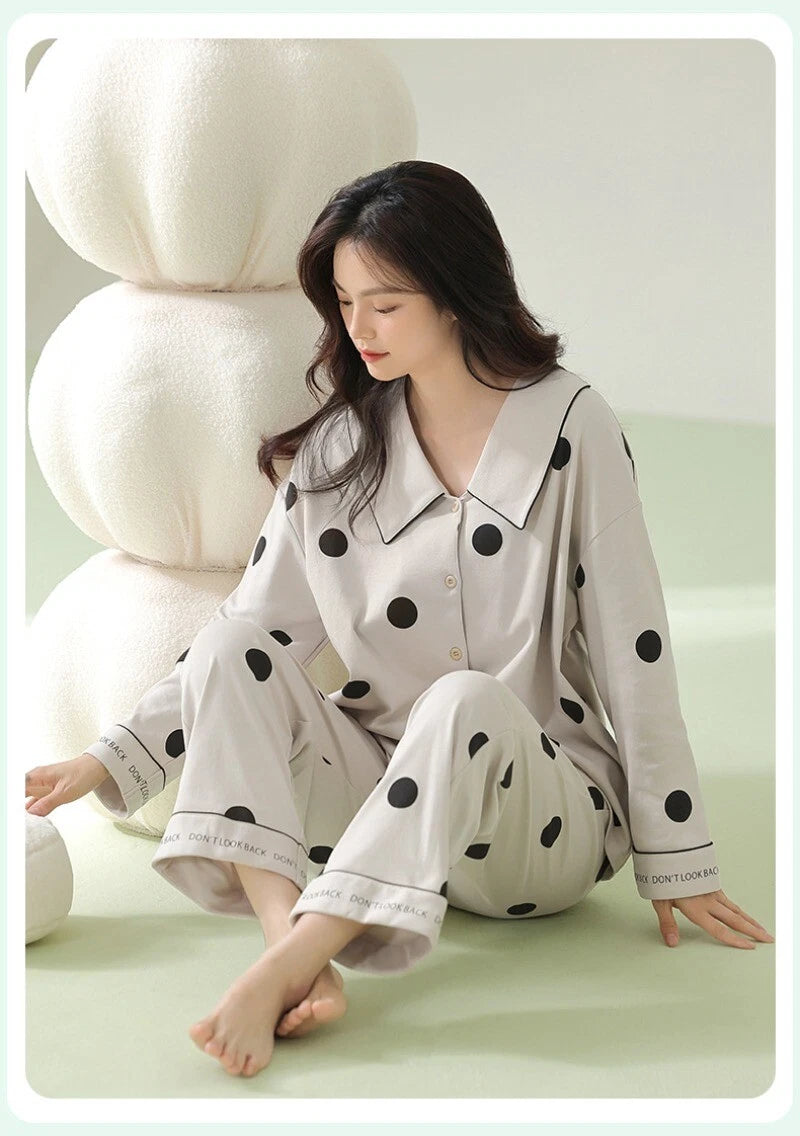 Ladies' Pajamas Set Outdoor Polka Dot Print Antibacterial Autumn Long Sleeve
