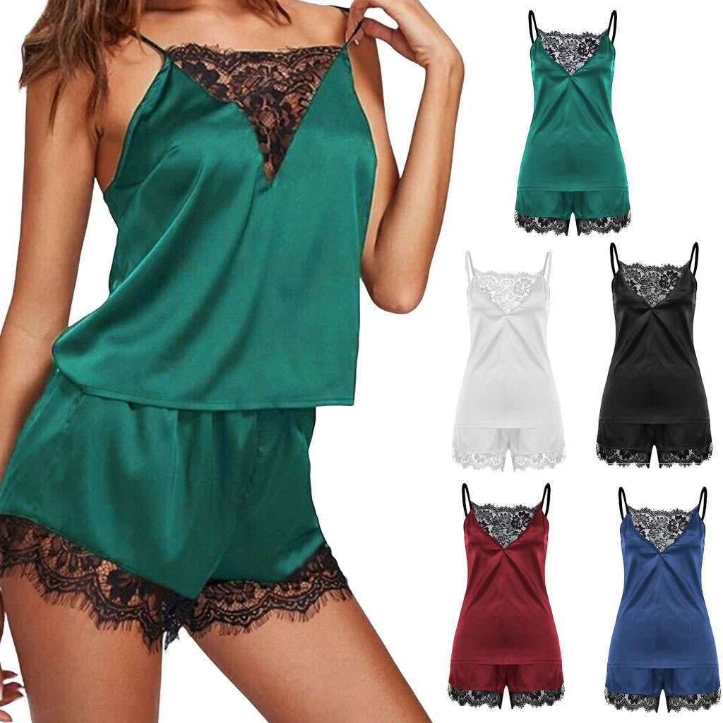 Women Sexy Lace Sleepwear Silk Pajamas Set Lingerie Babydoll Nightgown Nightwear