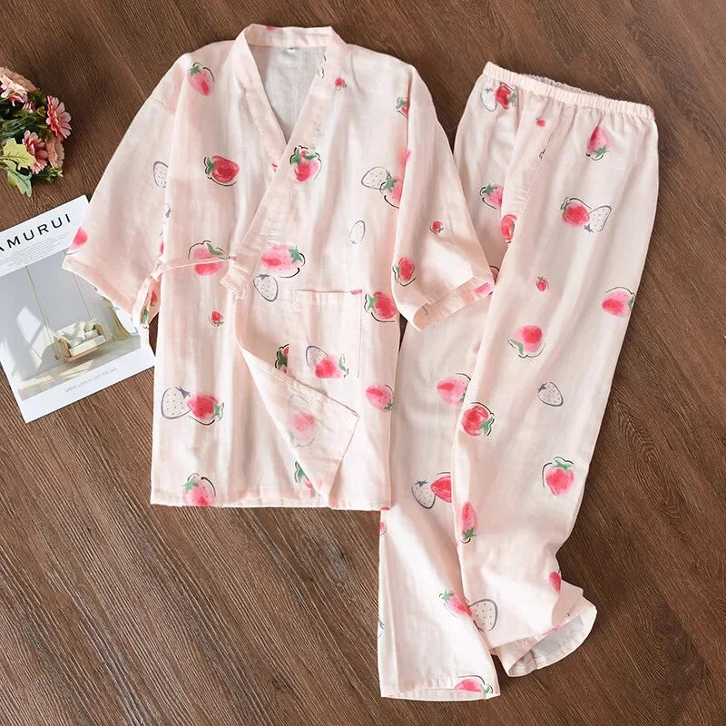 Pajamas Set Female Spring and Autumn 100% Cotton Gauze Home Clothes Sweet Two-p