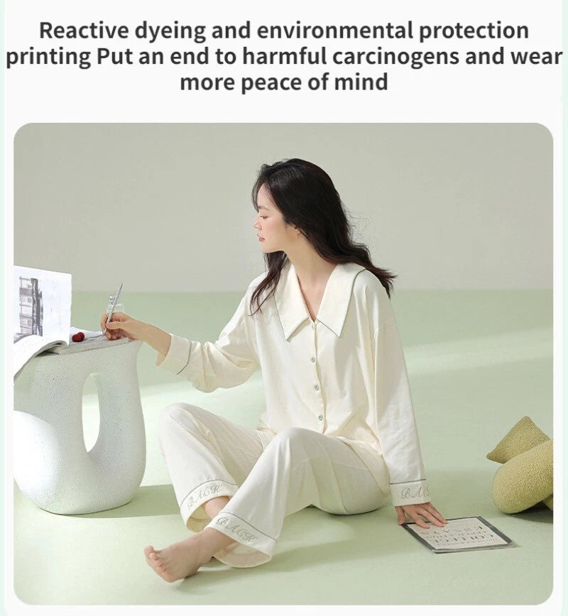 New Women's Long Sleeve Homewear Antibacterial Comfortable Cotton Sleepwear Set