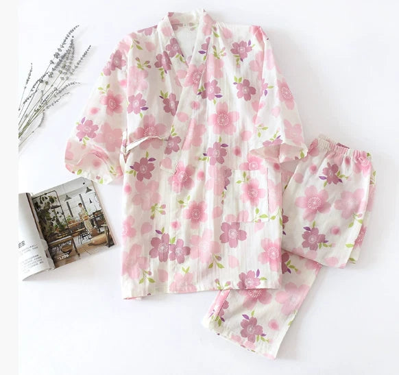 Japanese Harajuku 100% Gauze Cotton Kimono Pajamas Top+Pants Women Nightgown Set