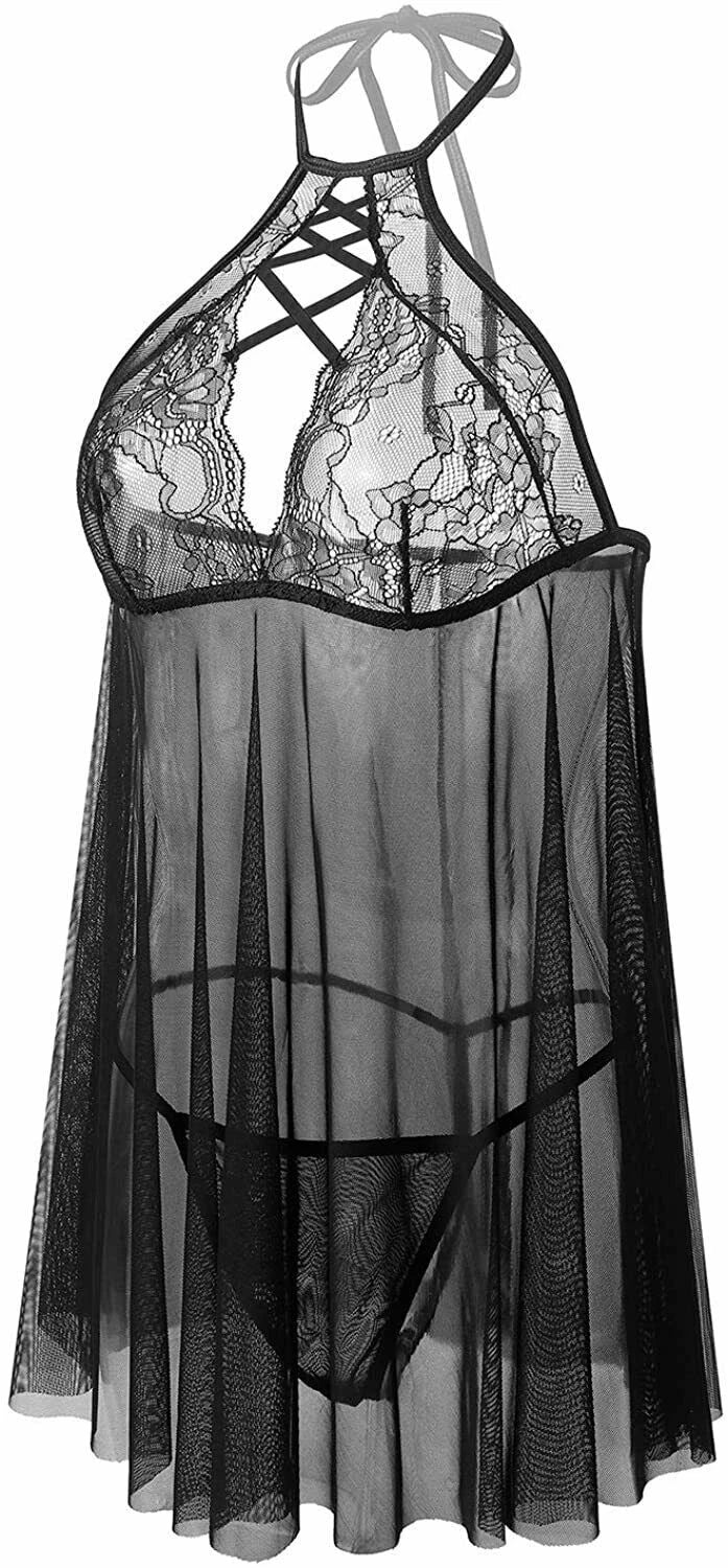 Women Sexy Lingerie Lace Babydoll V Neck Chemise Teddy Strap Sleepwear Panty Set
