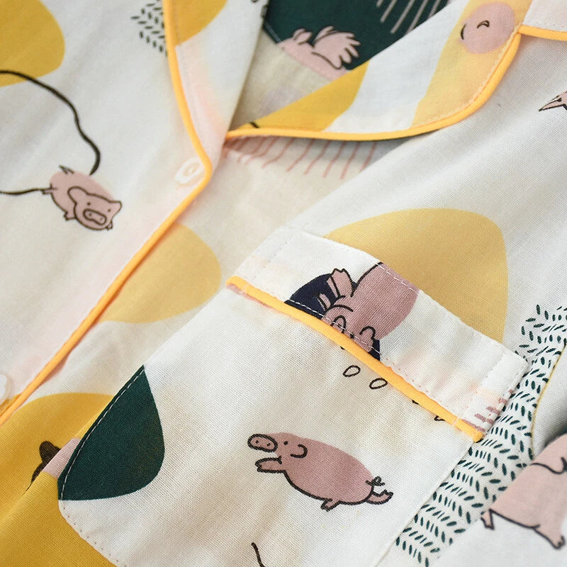 Women Pajamas Set 100% Cotton Printed Sleepwear Casual Nightwear Gauze Home Wear