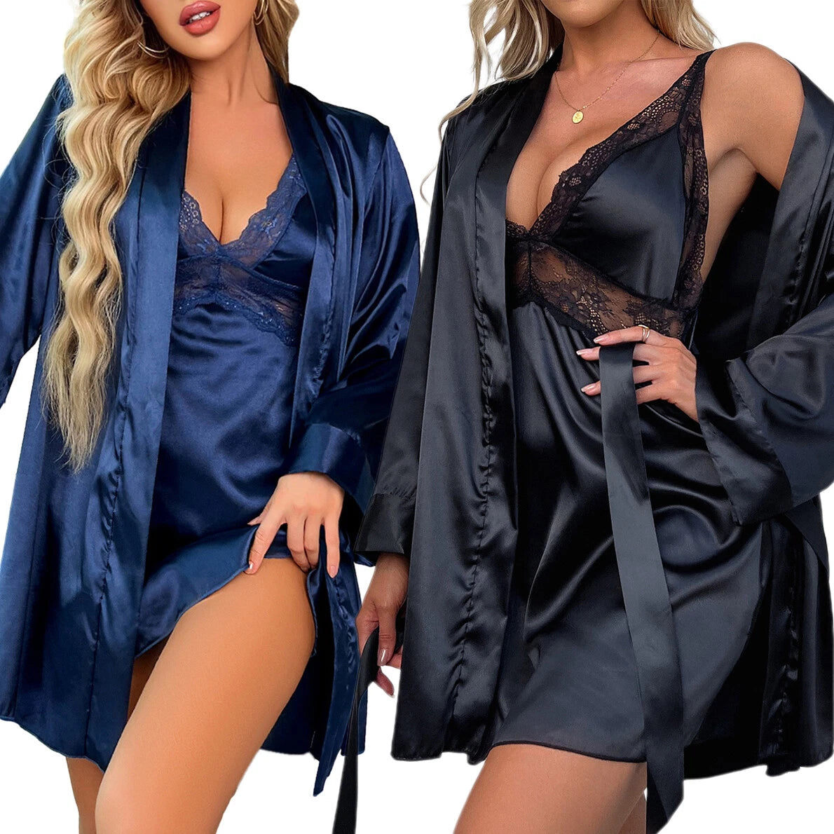 Women's Sexy Silk Pajama Sets Satin Robe with Nightgown 2 Piece Sleepwear Kimono