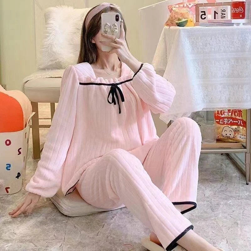 2022 women's autumn and winter pajamas set thick cute pajamas flannel pajamas