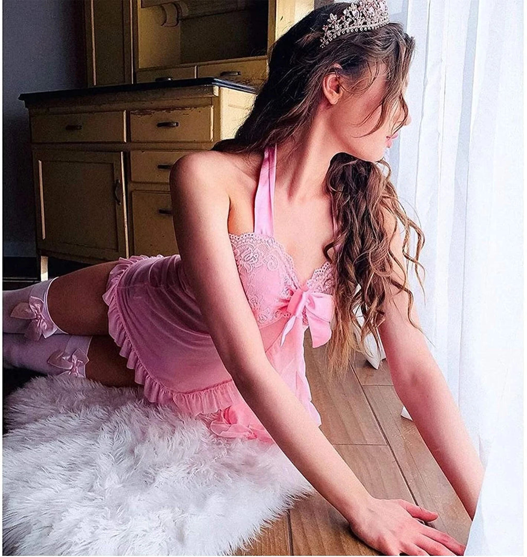 Sexy Women Lingerie Pink Lace Dress G-string Underwear Babydoll Sleepwear Gift