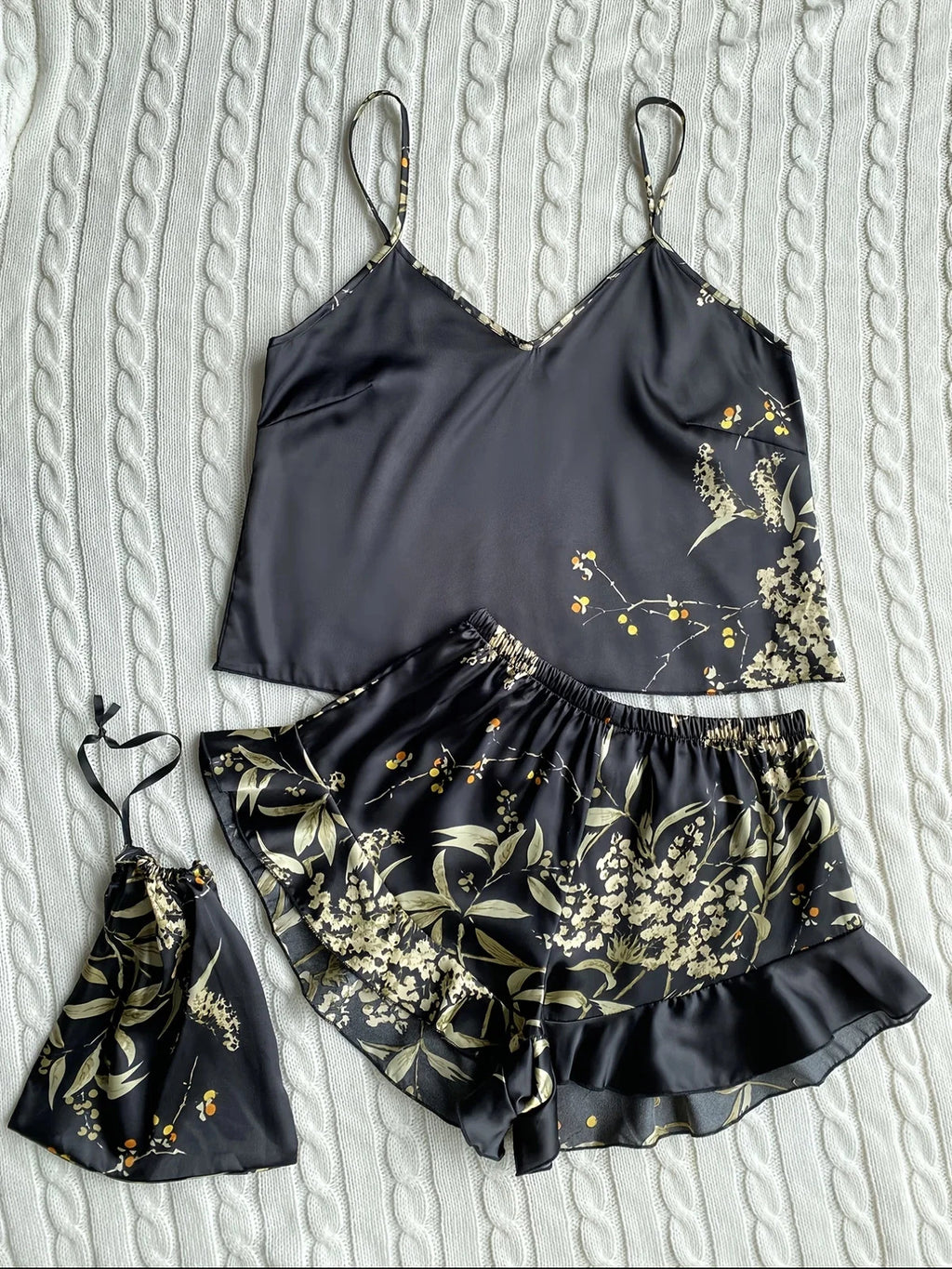 Floral Print Cami Tops Ruffle Hem Shorts Pajama Set Women's Sleepwear Loungewear