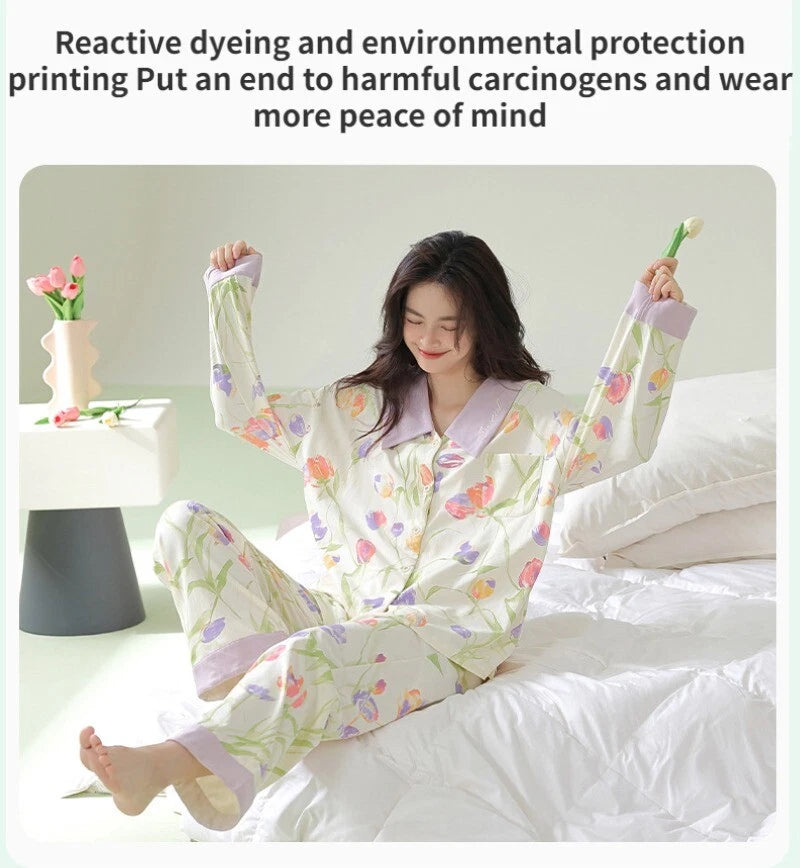 Fashion Women's Home Clothes Print Pajama Set Soft Comfortable Autumn Sleepwear