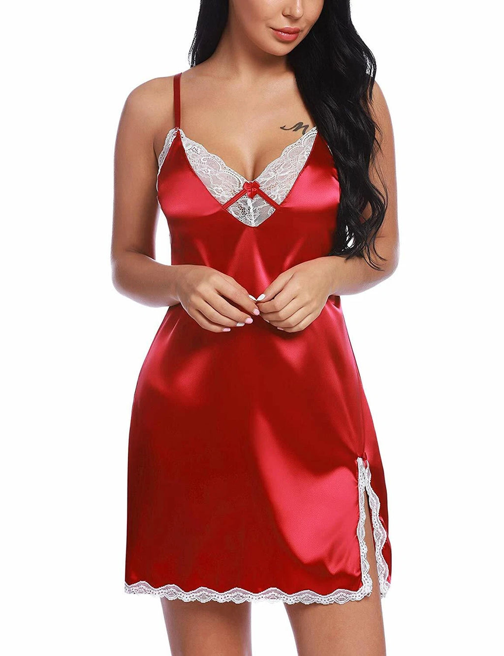 Sexy Lingerie Women Satin Lace Chemise Nightgown Silk Negligee Sling Nightshirt