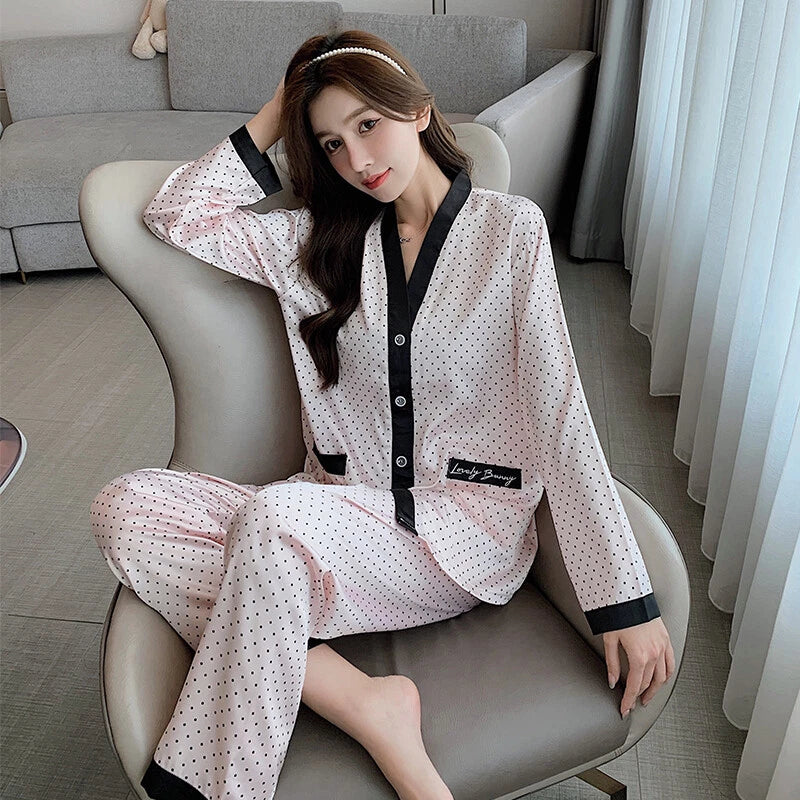 Women's Long Sleeve Silk Pajama Set Button-Down Sleepwear Print Loungewear Plus