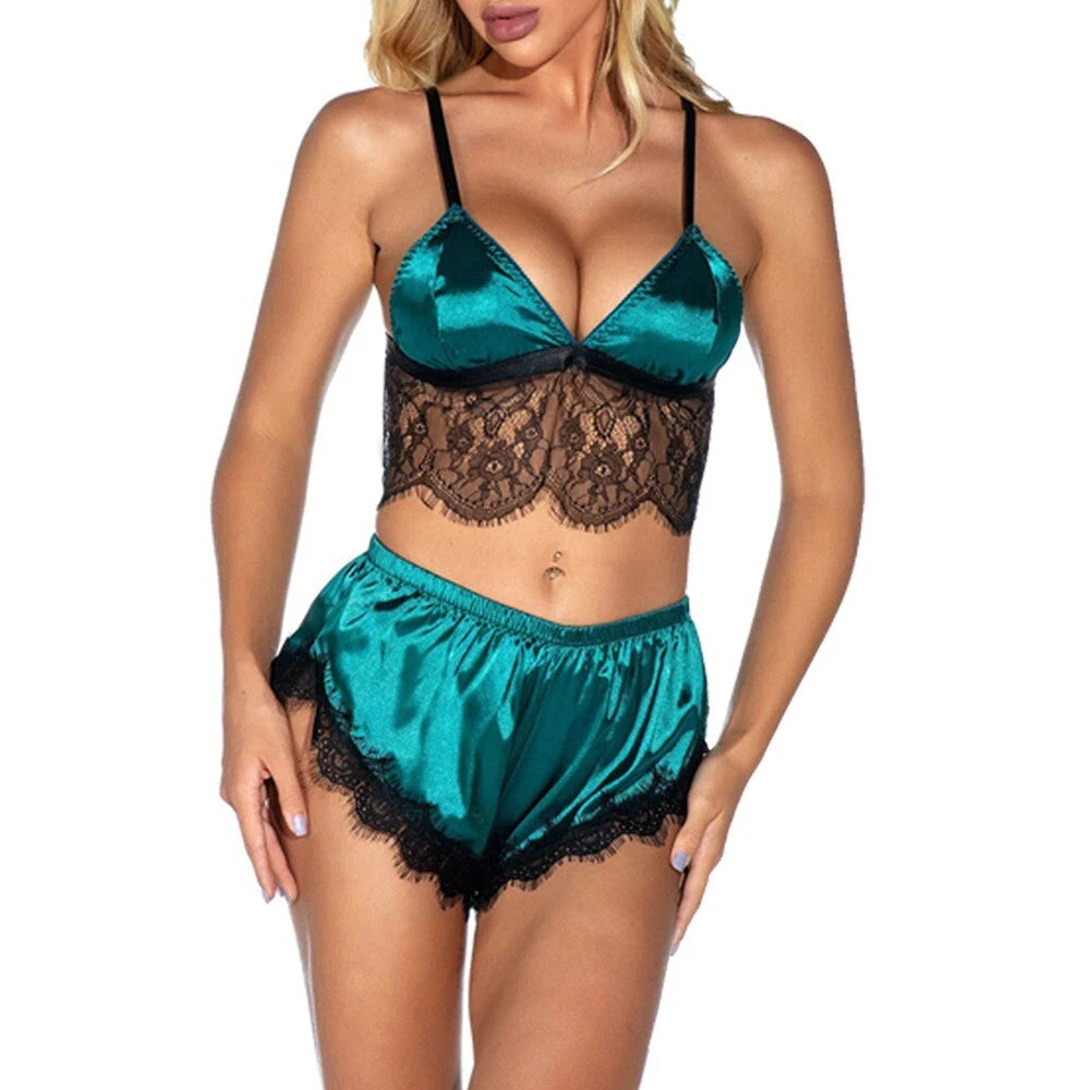 Womens Sexy-Lingerie Sleepwear Satin Silk Babydoll Lace Nightwear Pajamas Set US