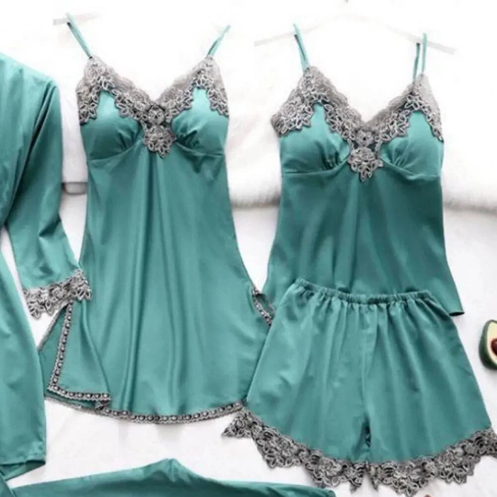 Lace Patchwork Women's Pajamas Set with Top Shorts Pants Lace-up Waist Homewear