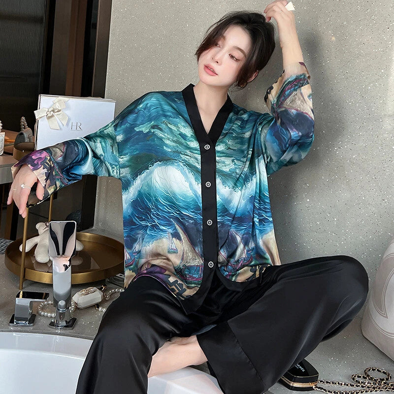 Women's Pajamas Set Luxury Print Silk Sleepwear V Neck Design Homewear Nightwear