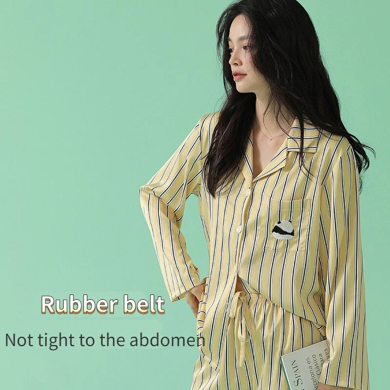 Women's Long Sleeve Pajamas Fashion Striped Homewear Comfortable Antibacterial Clothing-